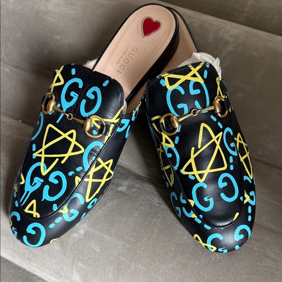 Gucci Princetown GG Mules with Vibrant Blue and Yellow Pattern - Picture 1 of 5